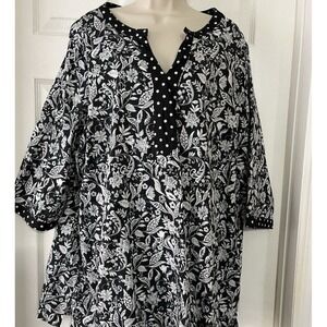 Liz & Me Black & White Flowers & Polka Dot 1X Top Blouse 3/4 Sleeves V-Neck NEW